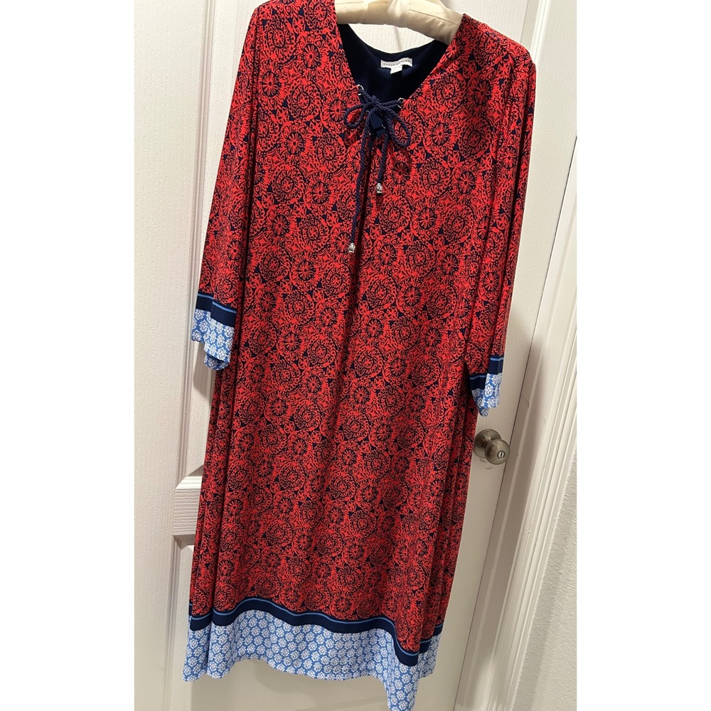 Susan Graver 3X Red Navy Print Long Sleeve Midi Dress Womenswear